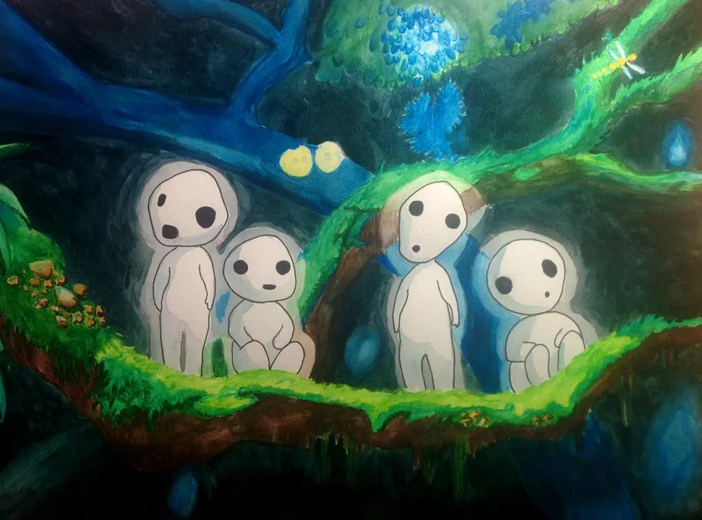 Os Kodama, ou Espíritos da Floresta, aparecem no longa-metragem Princesa Mononoke, do Studio Ghibli. Arte de fã publicada por Chromarush no Deviant Art